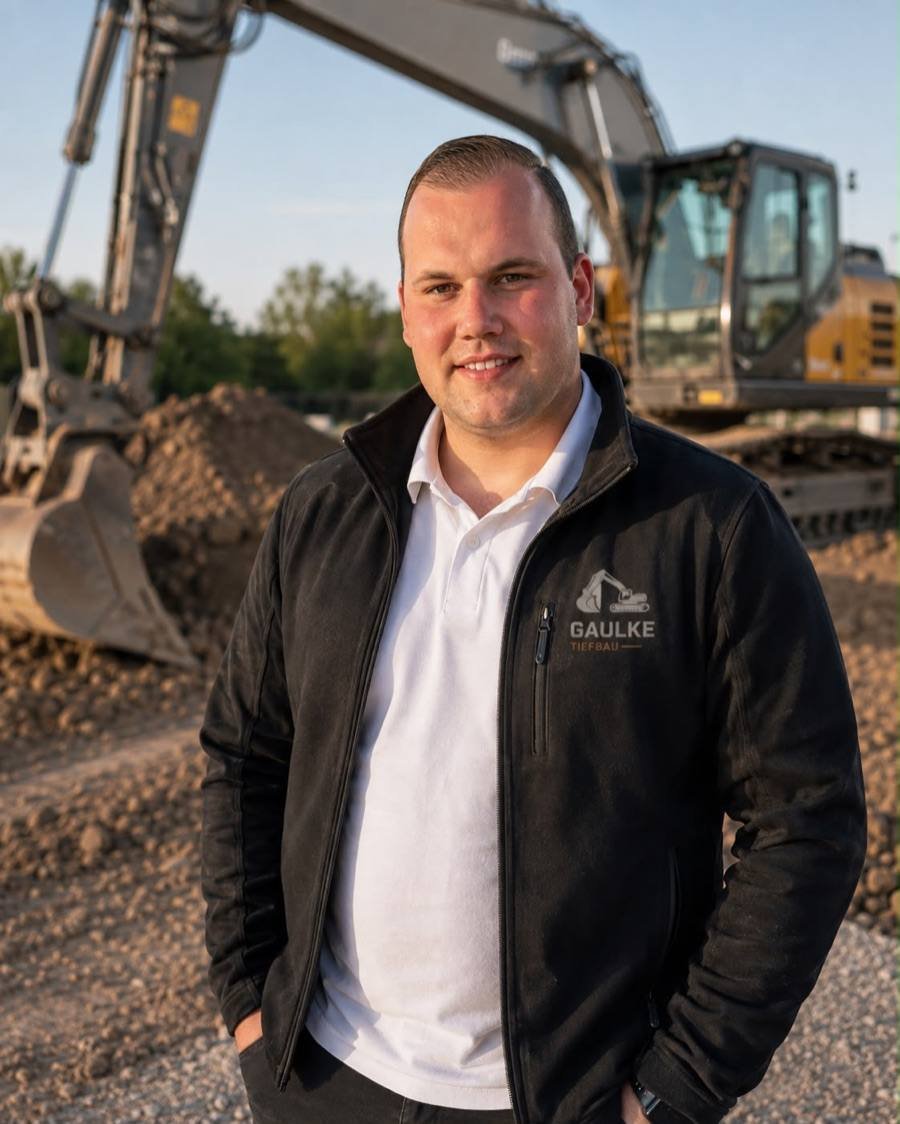 Lukas Gaulke, Inhaber von Gaulke Tiefbau, vor einem Kettenbagger auf der Baustelle